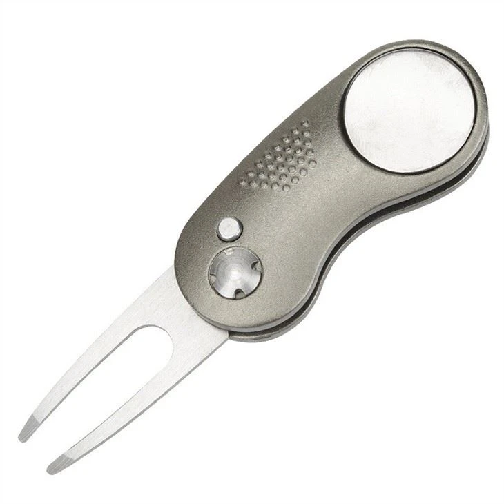 Golf Divot Repair Tool With Magnetic Ball Marker, Metal And Foldable Design