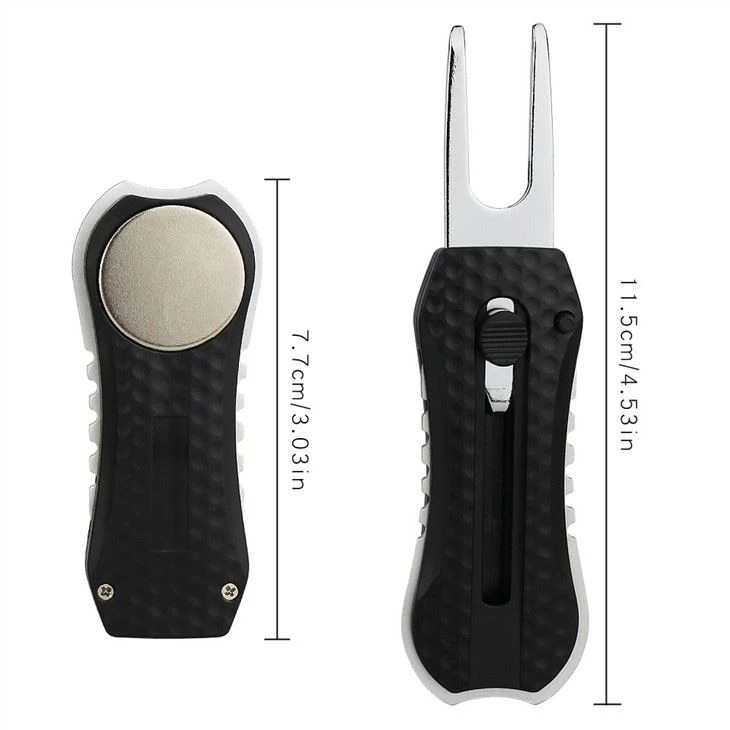 Golf Divot Repair Tool With Magnetic Ball Marker, Metal And Foldable Design